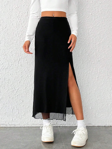 EZwear Solid Split Thigh Mesh Overlay Skirt