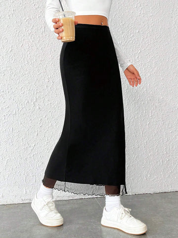 EZwear Solid Split Thigh Mesh Overlay Skirt