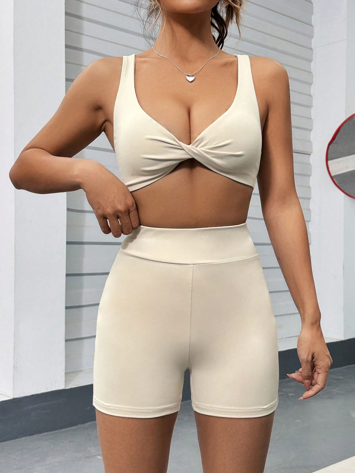 Solid Twist Front Crop Tank Top & Wide Waistband Biker Shorts