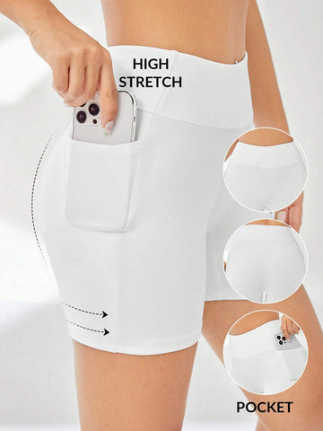 EZwear Solid Wideband Waist Biker White Shorts With Phone Pocket