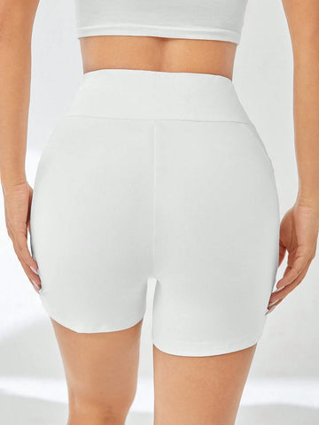 EZwear Solid Wideband Waist Biker White Shorts With Phone Pocket