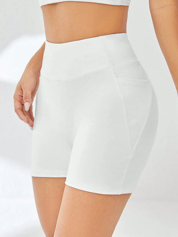EZwear Solid Wideband Waist Biker White Shorts With Phone Pocket