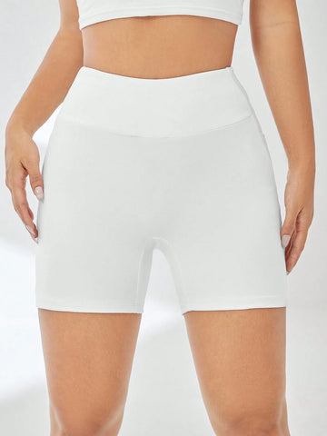 EZwear Solid Wideband Waist Biker White Shorts With Phone Pocket