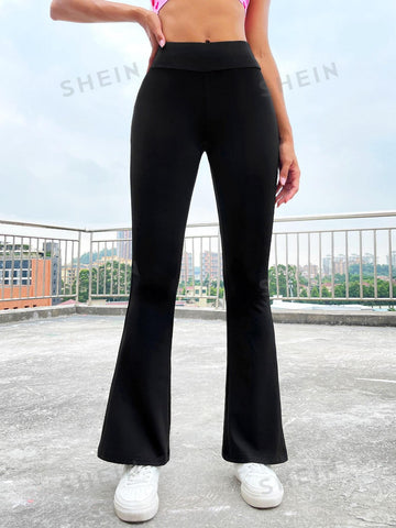 EZwear Solid Wideband Waist Flare Leg Pants