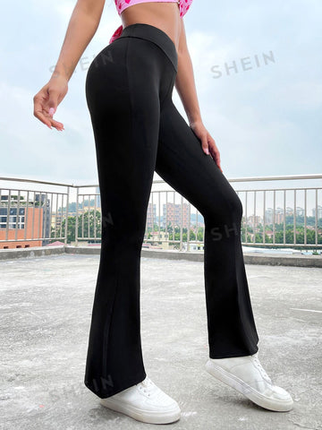 EZwear Solid Wideband Waist Flare Leg Pants