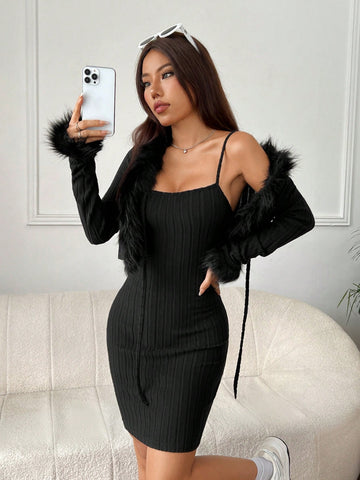 Spliced Black Knitted Tight-fitting Two-piece Set