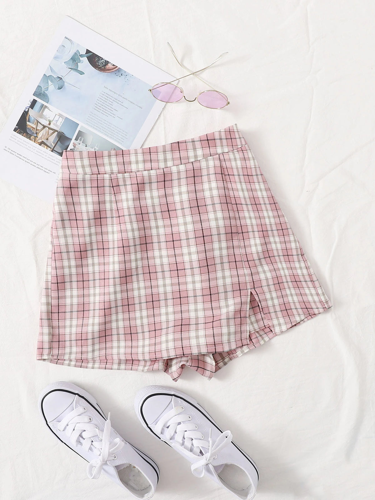 EZwear Split Hem Tartan Skort