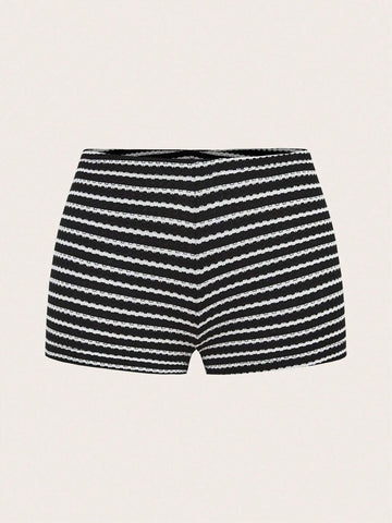EZwear Spring/Summer Home Casual Black&White Striped Low Waist Ultra Short Shorts