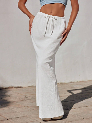 EZwear Spring And Summer Vacation White Cotton And Linen Mermaid Long Skirt