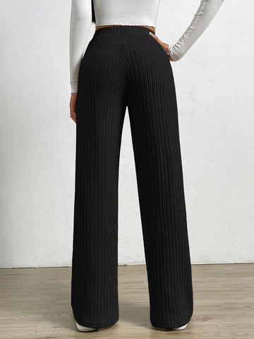 EZwear Spring Black Elastic Waist Wide Leg Pants