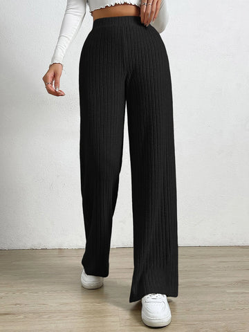 EZwear Spring Black Elastic Waist Wide Leg Pants