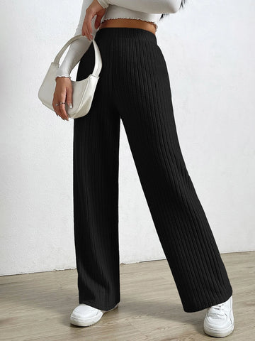 EZwear Spring Black Elastic Waist Wide Leg Pants