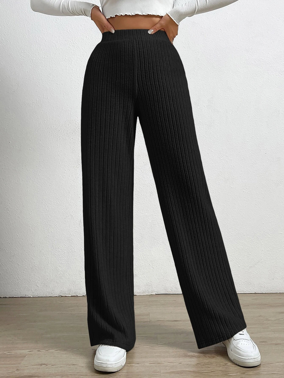 EZwear Spring Black Elastic Waist Wide Leg Pants
