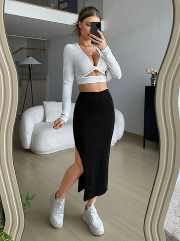 EZwear Spring Black Solid Split Thigh Skirt