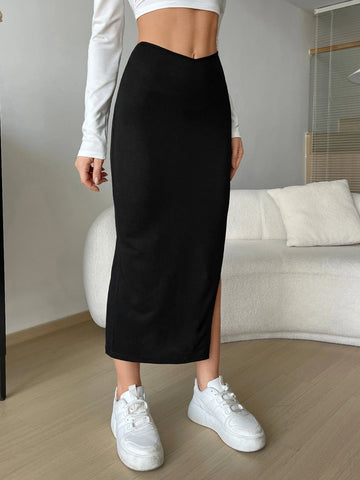 EZwear Spring Black Solid Split Thigh Skirt
