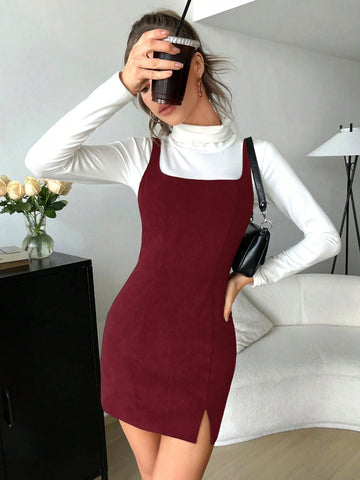 EZwear Spring DressSplit Hem Overall Dress Without Tee