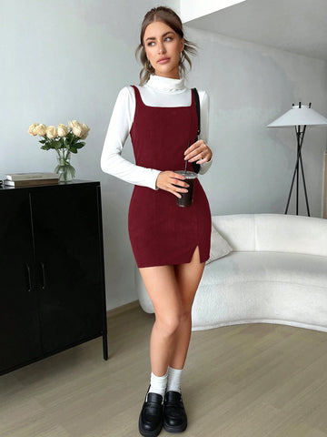 EZwear Spring DressSplit Hem Overall Dress Without Tee