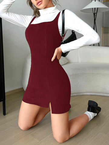 EZwear Spring DressSplit Hem Overall Dress Without Tee