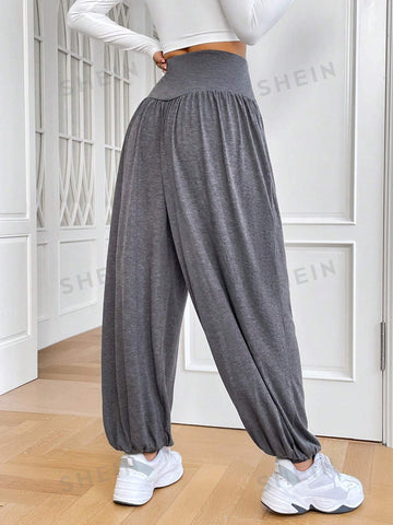 EZwear Spring Letter Patched Gathering Tummy Control Grey Loose Bound Feet Lantern Sweatpants