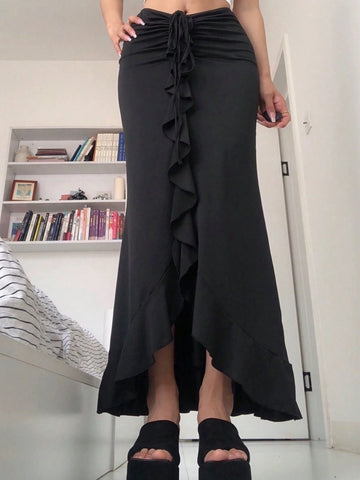 EZwear Spring Summer Casual Solid Color Ruffle Hem V-Waist Drawstring Pleated Tie Waist Slit Mermaid Hem Skirt