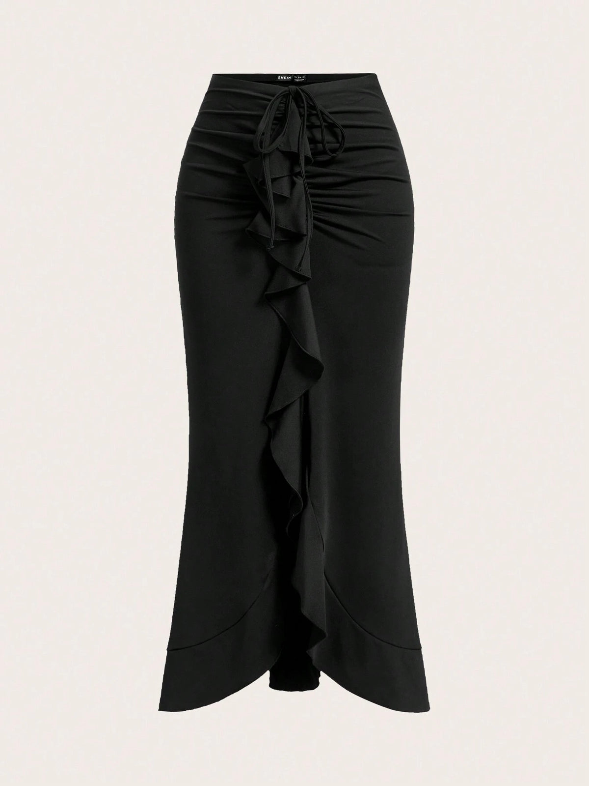 EZwear Spring Summer Casual Solid Color Ruffle Hem V-Waist Drawstring Pleated Tie Waist Slit Mermaid Hem Skirt