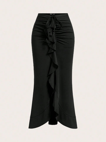 EZwear Spring Summer Casual Solid Color Ruffle Hem V-Waist Drawstring Pleated Tie Waist Slit Mermaid Hem Skirt