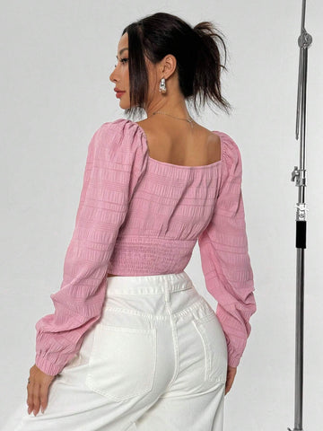 EZwear Spring & Autumn Casual Solid Color Textured Bow Decor Shirt