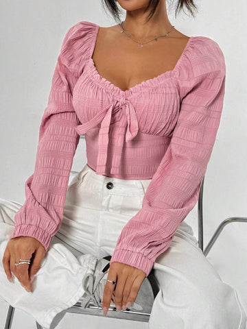 EZwear Spring & Autumn Casual Solid Color Textured Bow Decor Shirt