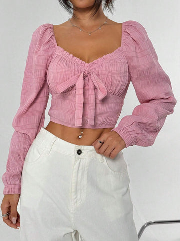 EZwear Spring & Autumn Casual Solid Color Textured Bow Decor Shirt