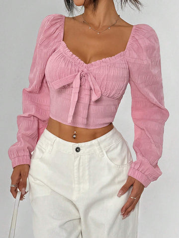 EZwear Spring & Autumn Casual Solid Color Textured Bow Decor Shirt