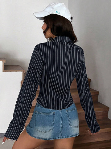 EZwear Spring & Summer Navy Blue & White Striped Front Ruched Fitted Long Sleeve Shirt