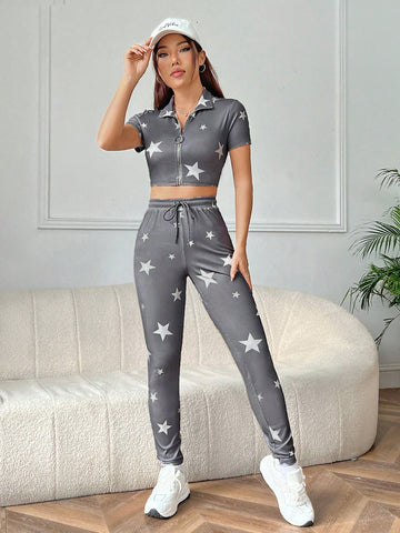 Star Print Knitted Skinny Suit For Women