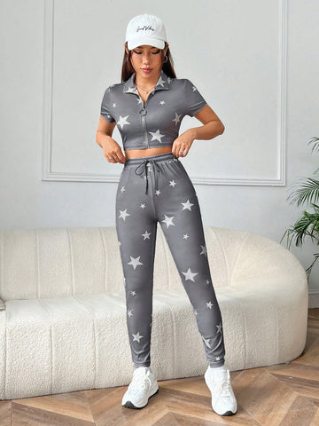 Star Print Knitted Skinny Suit For Women