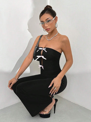 Strapless Butterfly Bow Solid Color Jumpsuit