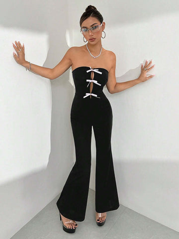 Strapless Butterfly Bow Solid Color Jumpsuit