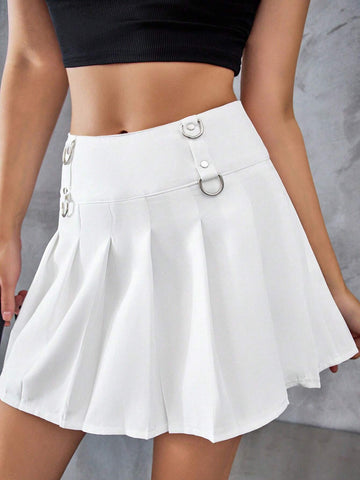 EZwear Street Style Sweet & Cool White Iron Ring Wide Waistband With Decorative Pleats Skirt For Girls