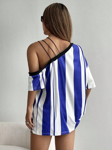 EZwear Striped Asymmetrical Neck Casual T-Shirt For Women