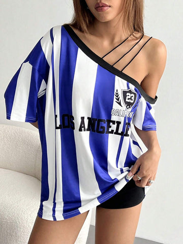 EZwear Striped Asymmetrical Neck Casual T-Shirt For Women