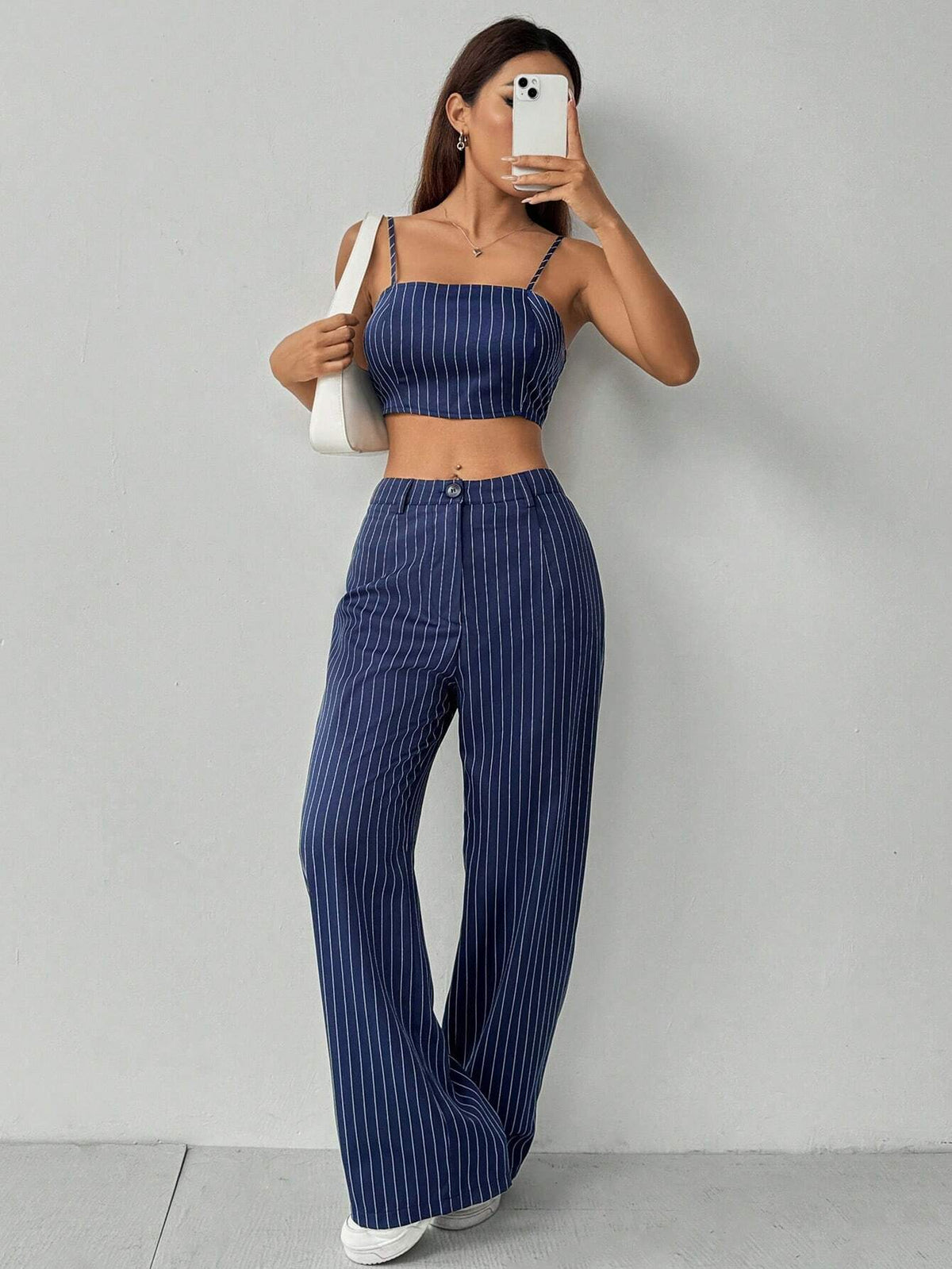 Striped Loose Top And Straight Wide Leg Pants 2-Piece Outfit