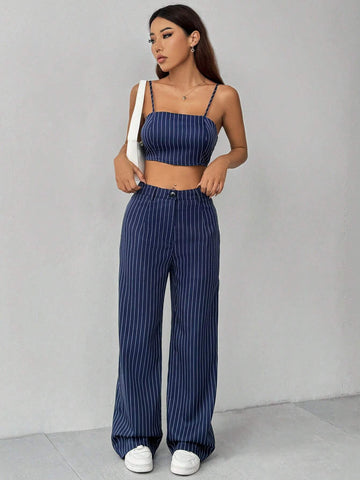 Striped Loose Top And Straight Wide Leg Pants 2-Piece Outfit