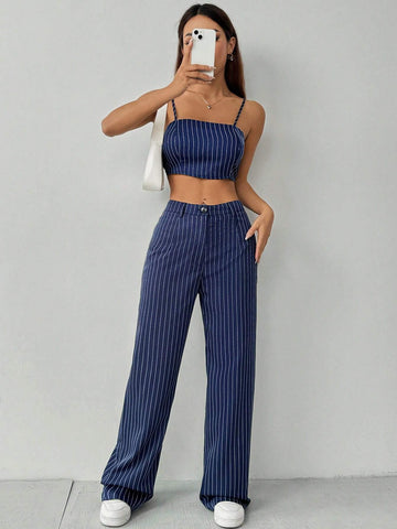 Striped Loose Top And Straight Wide Leg Pants 2-Piece Outfit