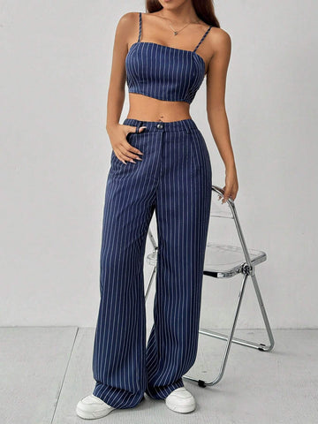 Striped Loose Top And Straight Wide Leg Pants 2-Piece Outfit