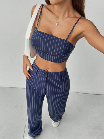 Striped Loose Top And Straight Wide Leg Pants 2-Piece Outfit