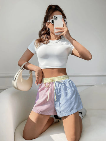 EZwear Striped Print Drawstring Waist Shorts