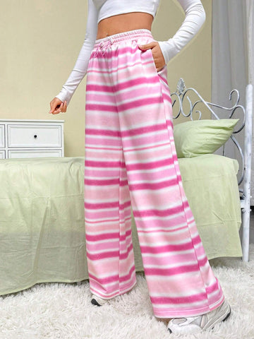 EZwear Striped Print Drawstring Waist Wide Leg Sweatpants