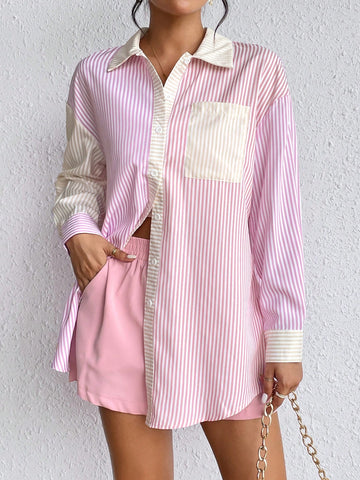 Striped Print Drop Shoulder Shirt & Shorts