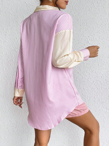 Striped Print Drop Shoulder Shirt & Shorts