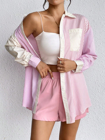 Striped Print Drop Shoulder Shirt & Shorts