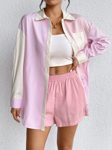 Striped Print Drop Shoulder Shirt & Shorts