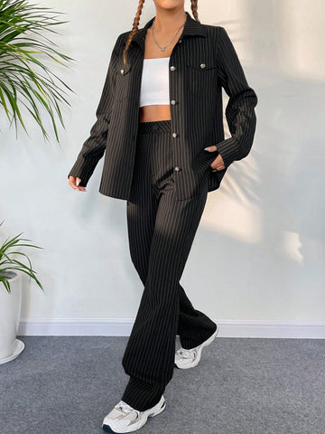 Striped Print Flap Detail Shirt & Pants